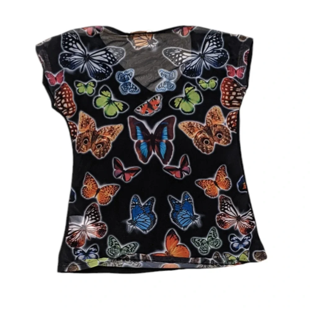 Vazzo Butterfly Shirt 90s Y2K Inspo Mesh Back Solid Front Rhinestone Butterfly M - Picture 2 of 8